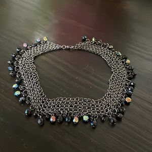 Silver tone collar necklace with AB coated dark beads
